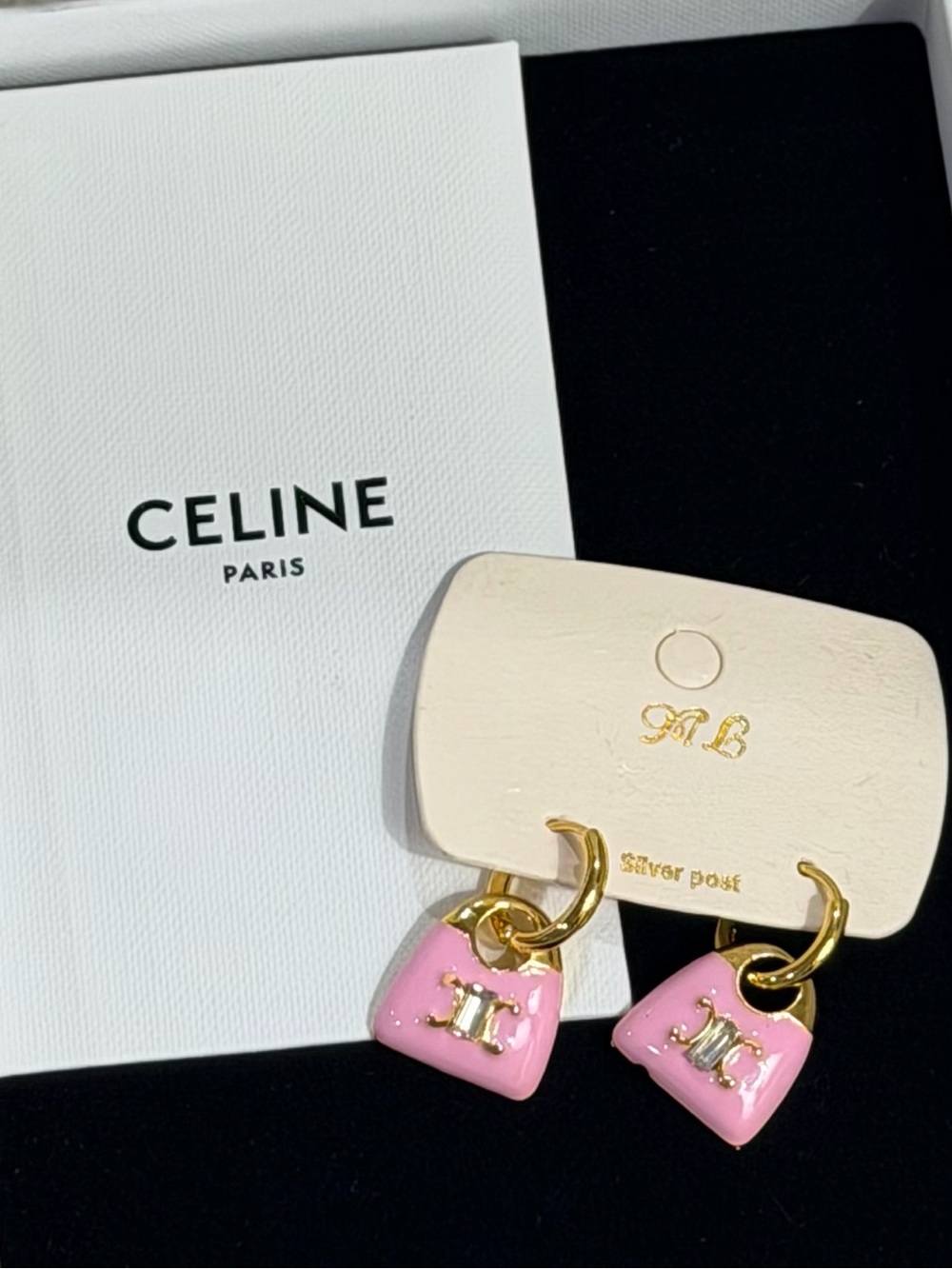 Pink Enamel Purse Charm Huggie Hoop Earrings Crystal Silver Posts NEW